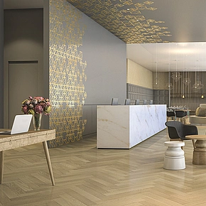 Moderne Hotel Rezeption mit hochwertigem Parkettboden gepolsterten Sesseln und aufwändigen Wandstickern - Moderne Hotel Rezeption mit hochwertigem Parkettboden gepolsterten Sesseln und aufwändigen Wandstickern